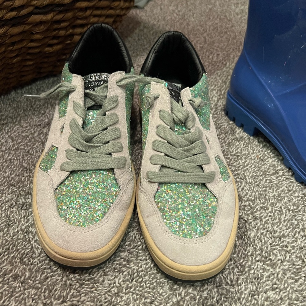 Green Glitter Panel Suede Sneakers